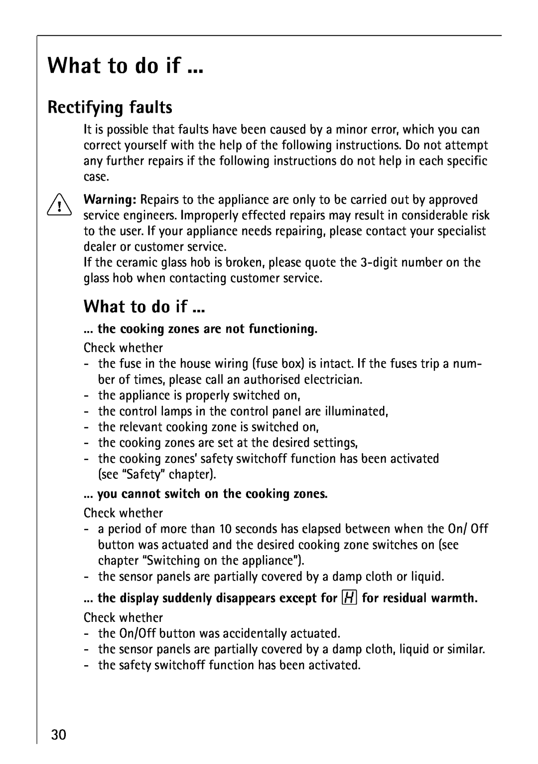 Electrolux 66300KF-an installation instructions What to do if, Rectifying faults 