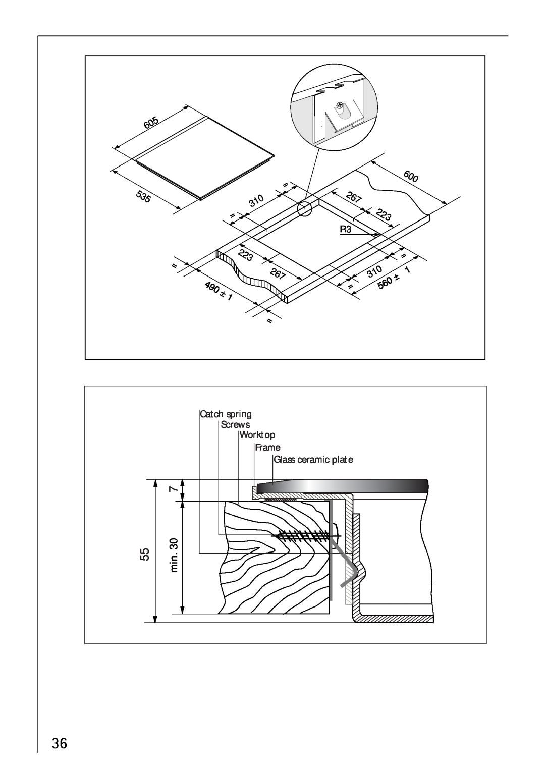 Electrolux 66300KF-an installation instructions Catch spring, Screws, Frame, Glass ceramic plate, Worktop 