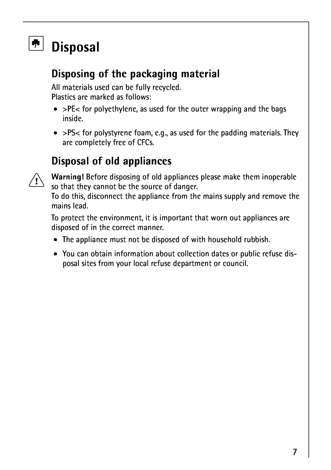 Electrolux 66300KF-an installation instructions Disposing of the packaging material, Disposal of old appliances 