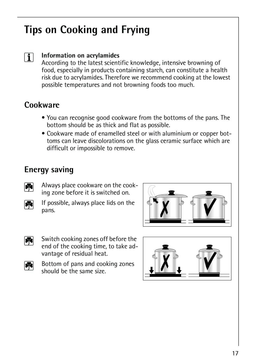 Electrolux 66301K-MN manual Tips on Cooking and Frying, Cookware, Energy saving, Information on acrylamides 