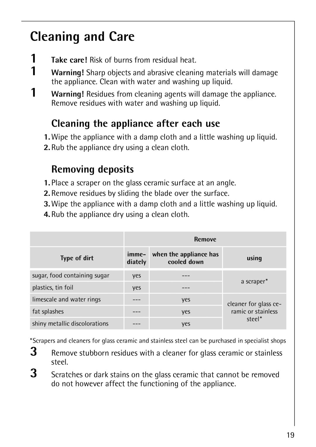 Electrolux 66301K-MN manual Cleaning and Care, Cleaning the appliance after each use, Removing deposits 