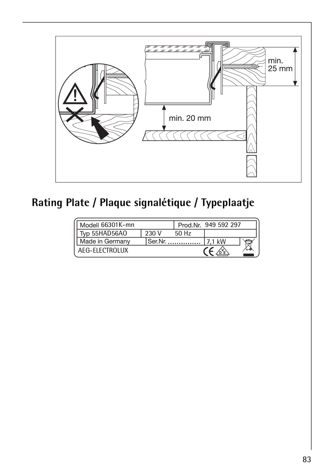 Electrolux 66301K-MN manual Rating Plate / Plaque signalétique / Typeplaatje 