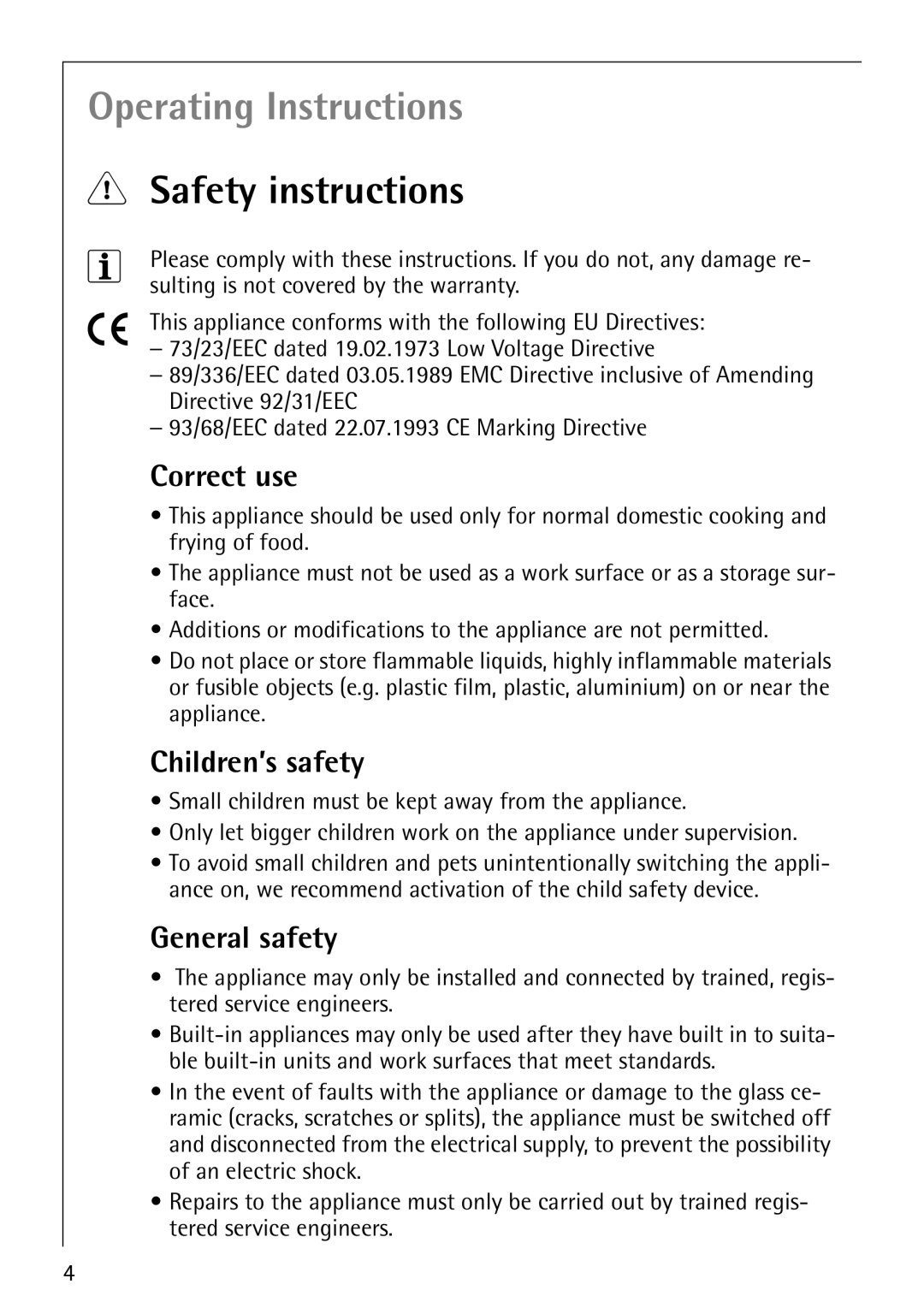 Electrolux 66301K-MN manual Operating Instructions, Safety instructions, Correct use, Children’s safety, General safety 