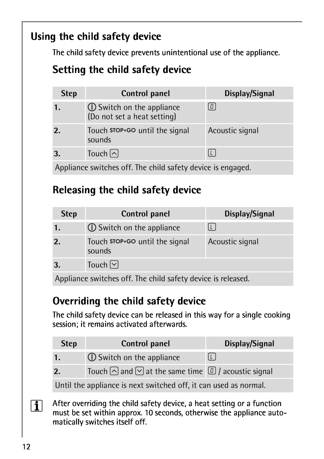 Electrolux 66301K-MN Using the child safety device, Setting the child safety device, Releasing the child safety device 