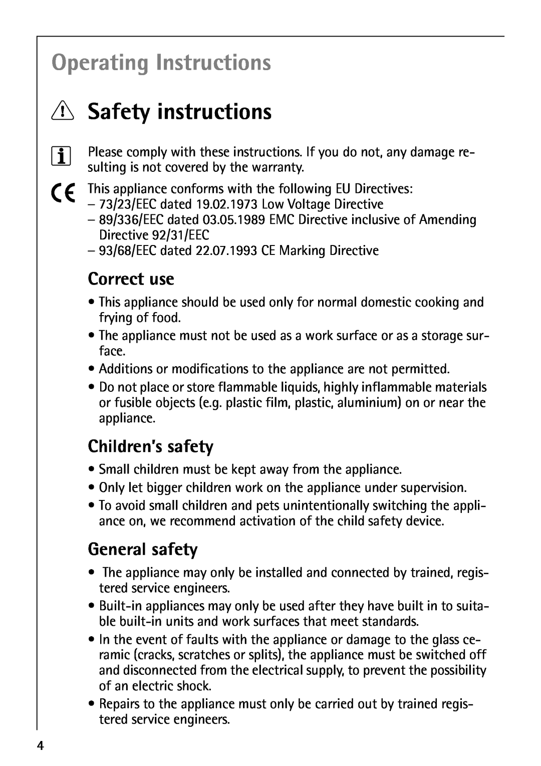 Electrolux 66301K-MN manual Operating Instructions, Safety instructions, Correct use, Children’s safety, General safety 