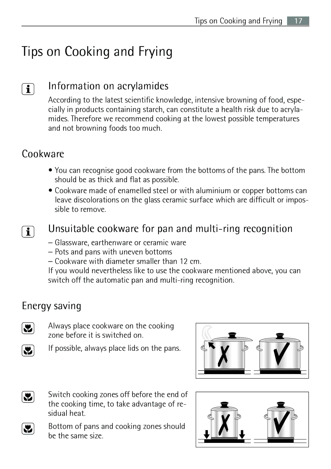 Electrolux 66320 K-MN user manual Tips on Cooking and Frying, Information on acrylamides, Cookware, Energy saving 