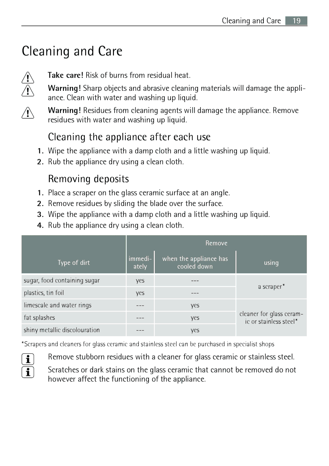 Electrolux 66320 K-MN user manual Cleaning and Care, Cleaning the appliance after each use, Removing deposits 