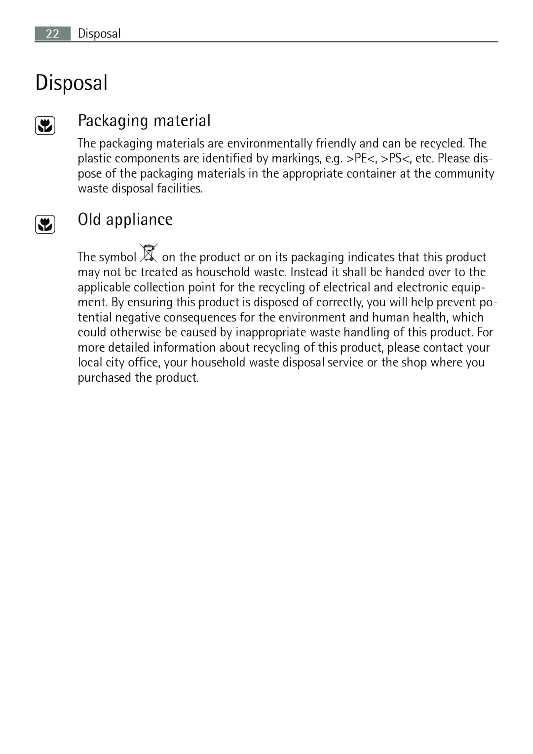 Electrolux 66320 K-MN user manual Disposal, Packaging material, Old appliance 