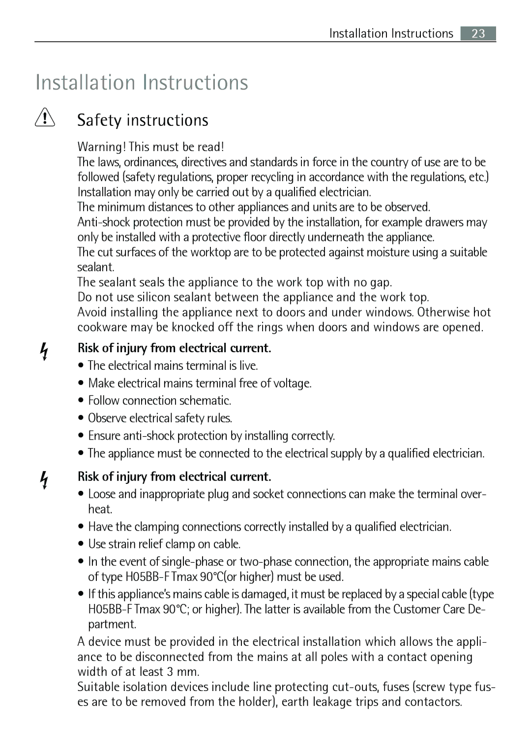 Electrolux 66320 K-MN user manual Installation Instructions, Safety instructions 