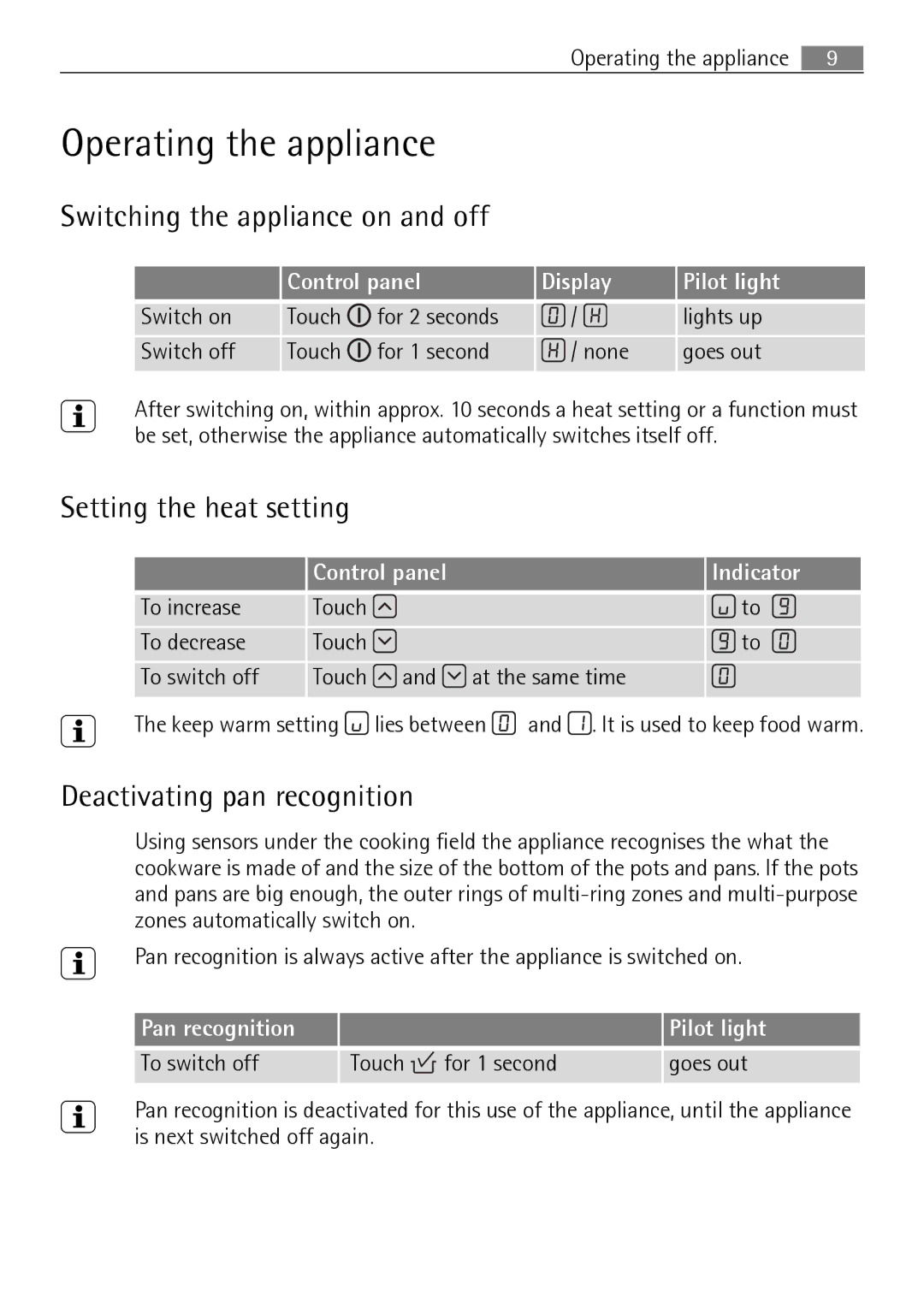 Electrolux 66320 K-MN user manual Operating the appliance, Switching the appliance on and off, Setting the heat setting 