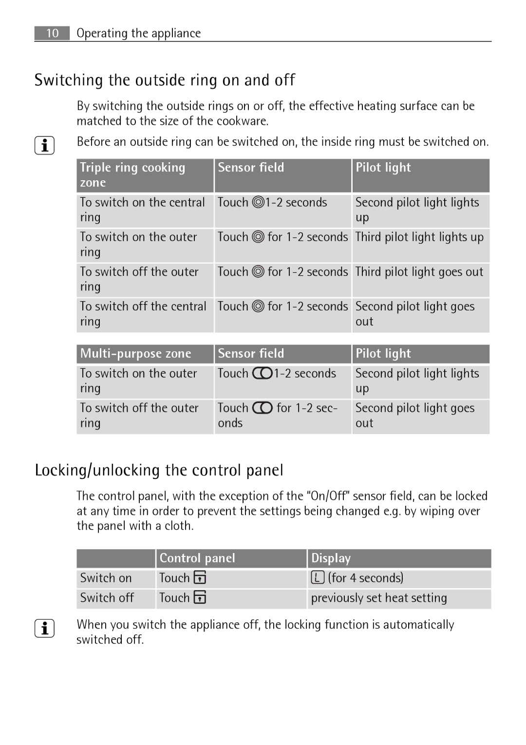 Electrolux 66331KF-N Switching the outside ring on and off, Locking/unlocking the control panel, Control panel Display 