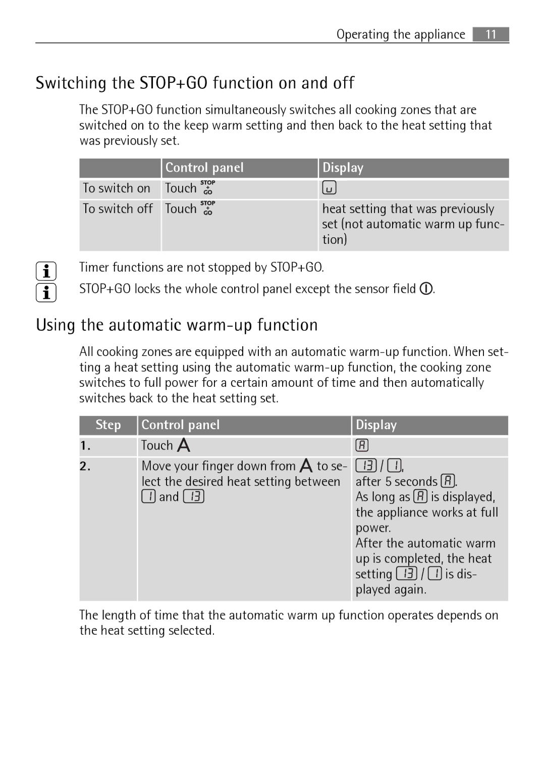 Electrolux 66331KF-N Switching the STOP+GO function on and off, Using the automatic warm-up function, Step Control panel 