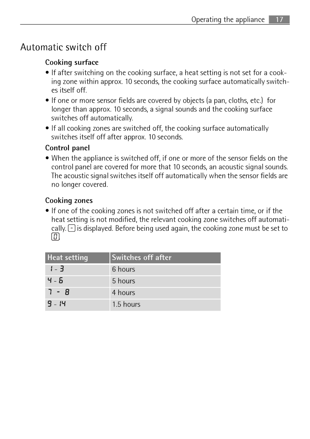 Electrolux 66331KF-N user manual Automatic switch off, Heat setting Switches off after 