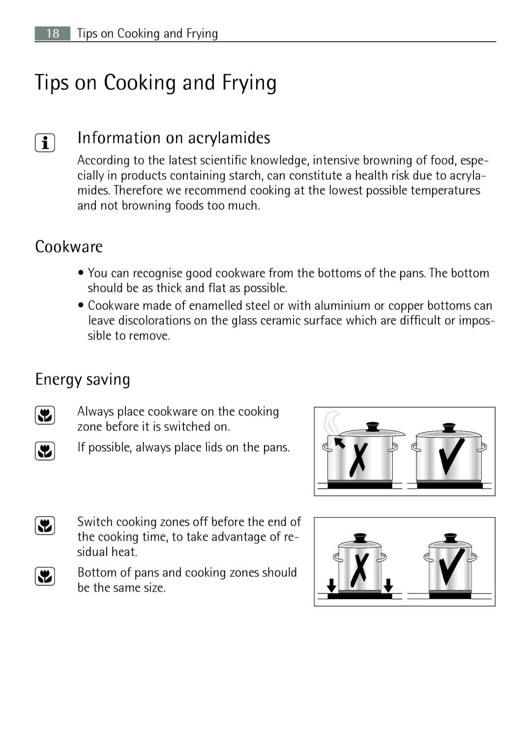 Electrolux 66331KF-N user manual Tips on Cooking and Frying, Information on acrylamides, Cookware, Energy saving 