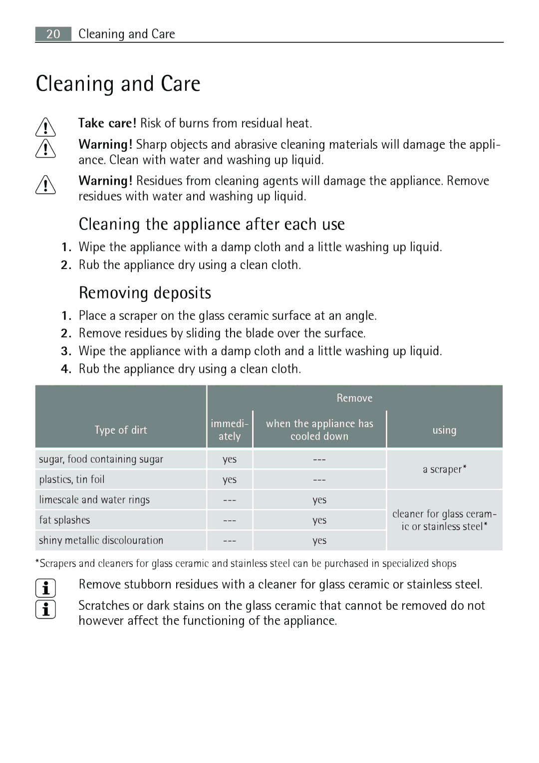 Electrolux 66331KF-N user manual Cleaning and Care, Cleaning the appliance after each use, Removing deposits 