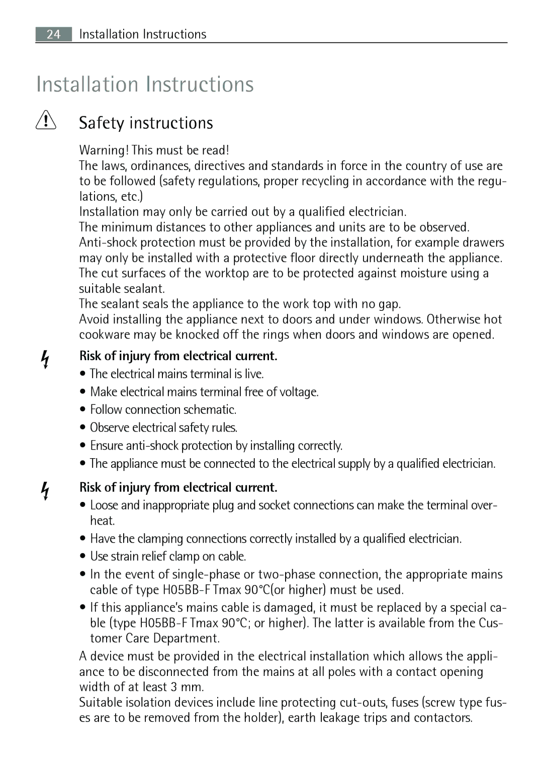 Electrolux 66331KF-N user manual Installation Instructions, Safety instructions 