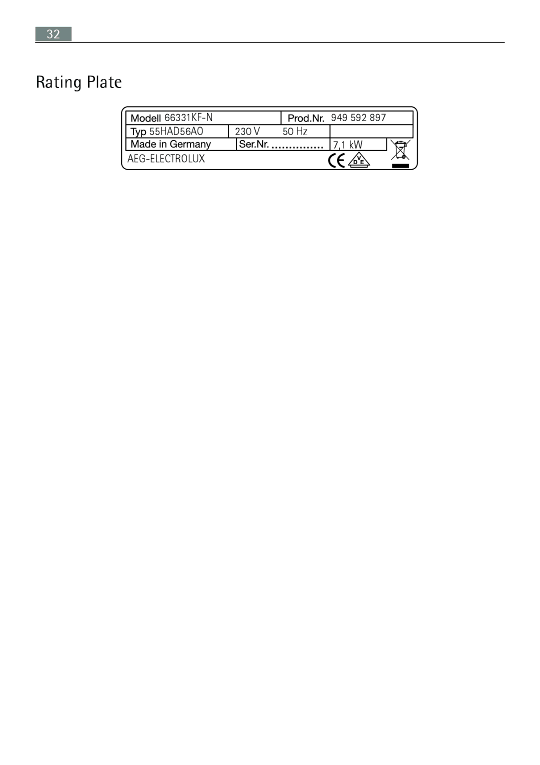 Electrolux 66331KF-N user manual Rating Plate 