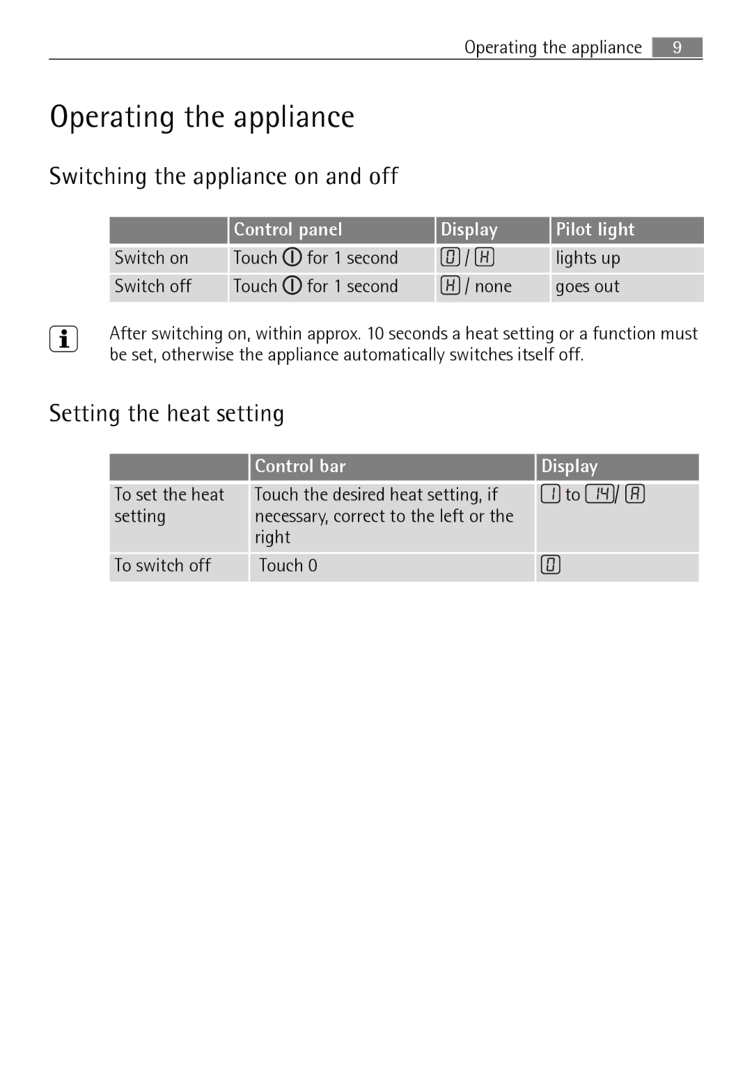 Electrolux 66331KF-N Operating the appliance, Switching the appliance on and off, Setting the heat setting, Control bar 