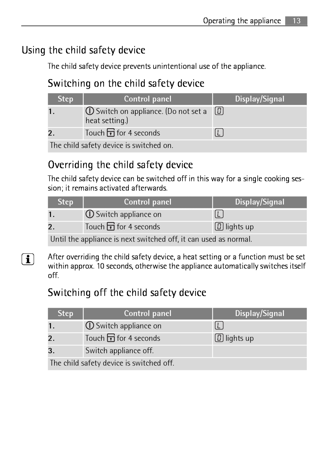 Electrolux 66331KF-N user manual Using the child safety device, Switching on the child safety device, Display/Signal, Step 