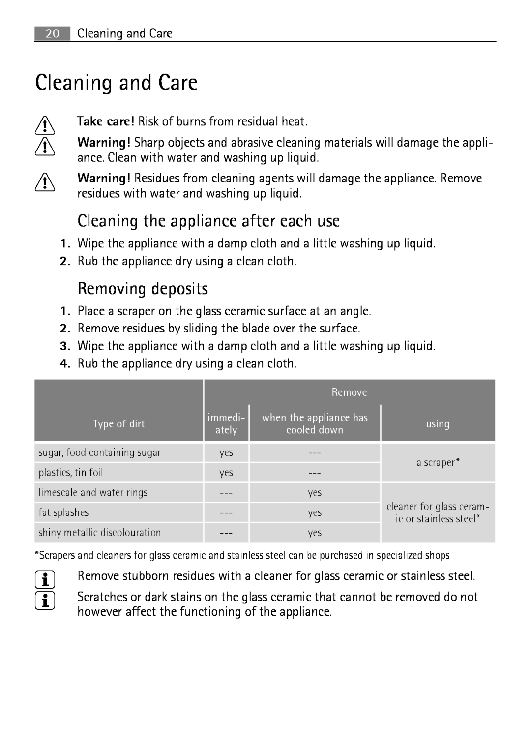 Electrolux 66331KF-N user manual Cleaning and Care, Cleaning the appliance after each use, Removing deposits 
