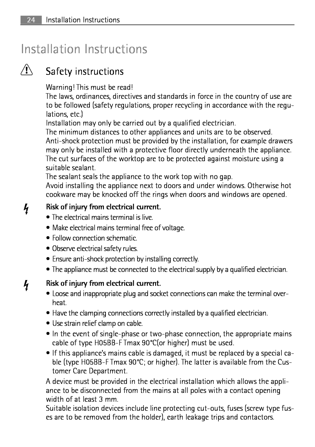 Electrolux 66331KF-N user manual Installation Instructions, Safety instructions, z Risk of injury from electrical current 