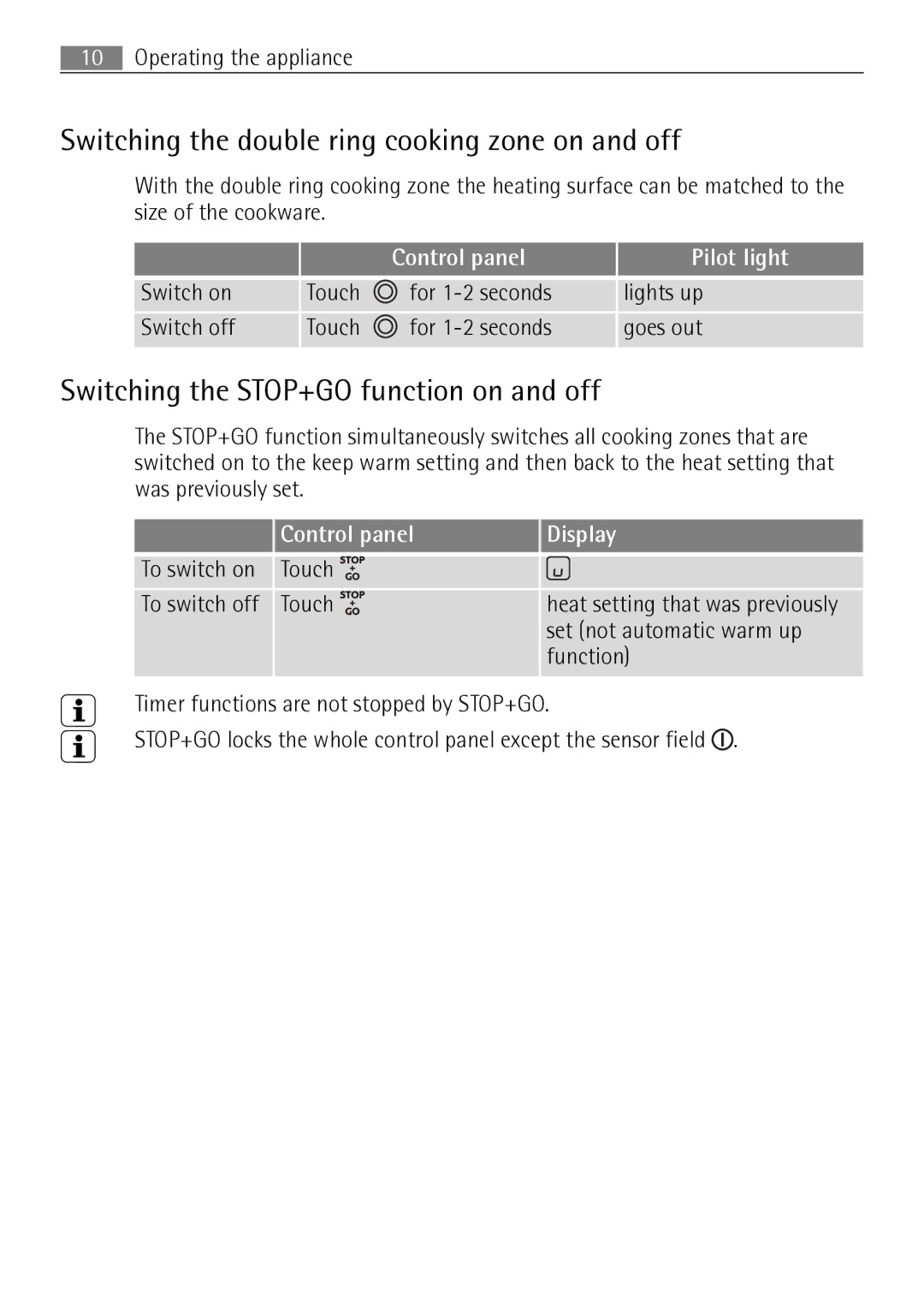 Electrolux 67160 KF-N Switching the double ring cooking zone on and off, Switching the STOP+GO function on and off 