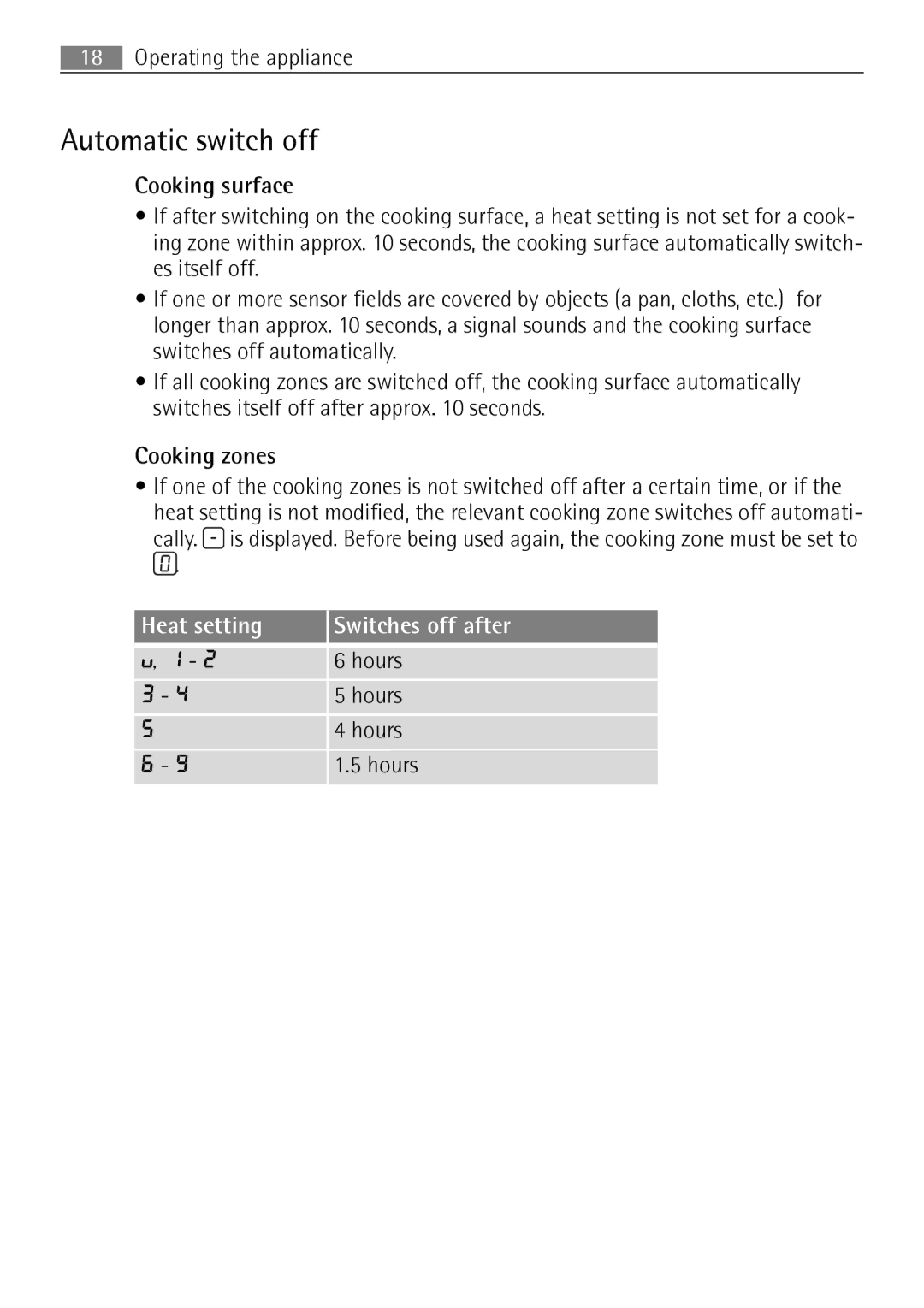 Electrolux 67160 KF-N user manual Automatic switch off, Heat setting Switches off after 