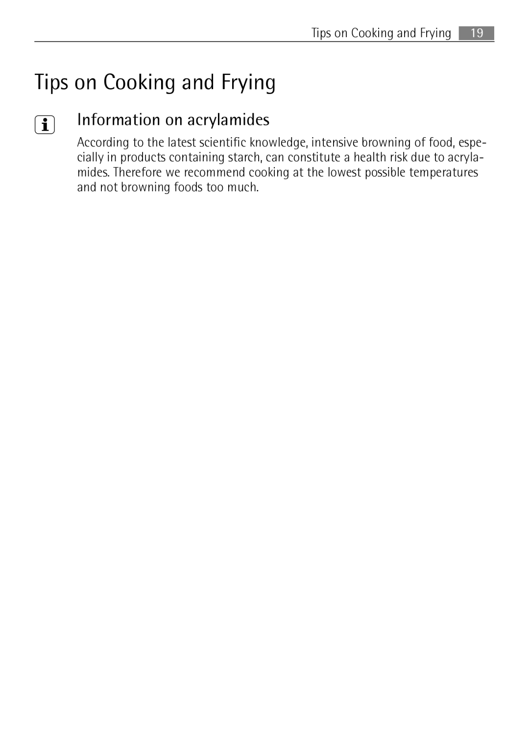 Electrolux 67160 KF-N user manual Tips on Cooking and Frying, Information on acrylamides 