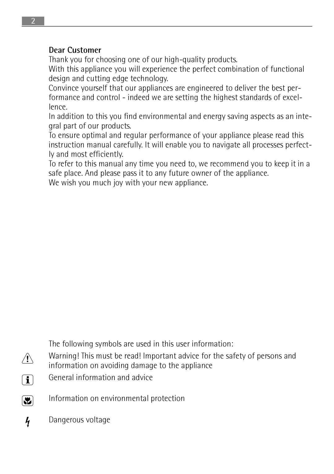 Electrolux 67160 KF-N user manual Dear Customer 