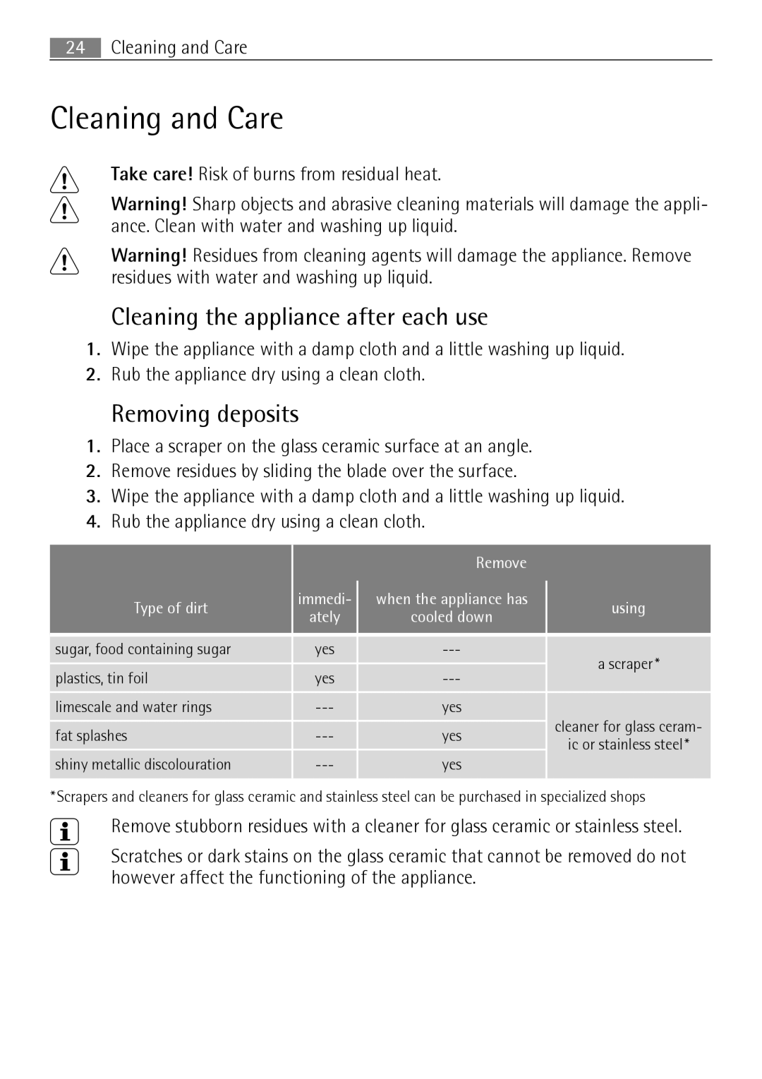 Electrolux 67160 KF-N user manual Cleaning and Care, Cleaning the appliance after each use, Removing deposits 