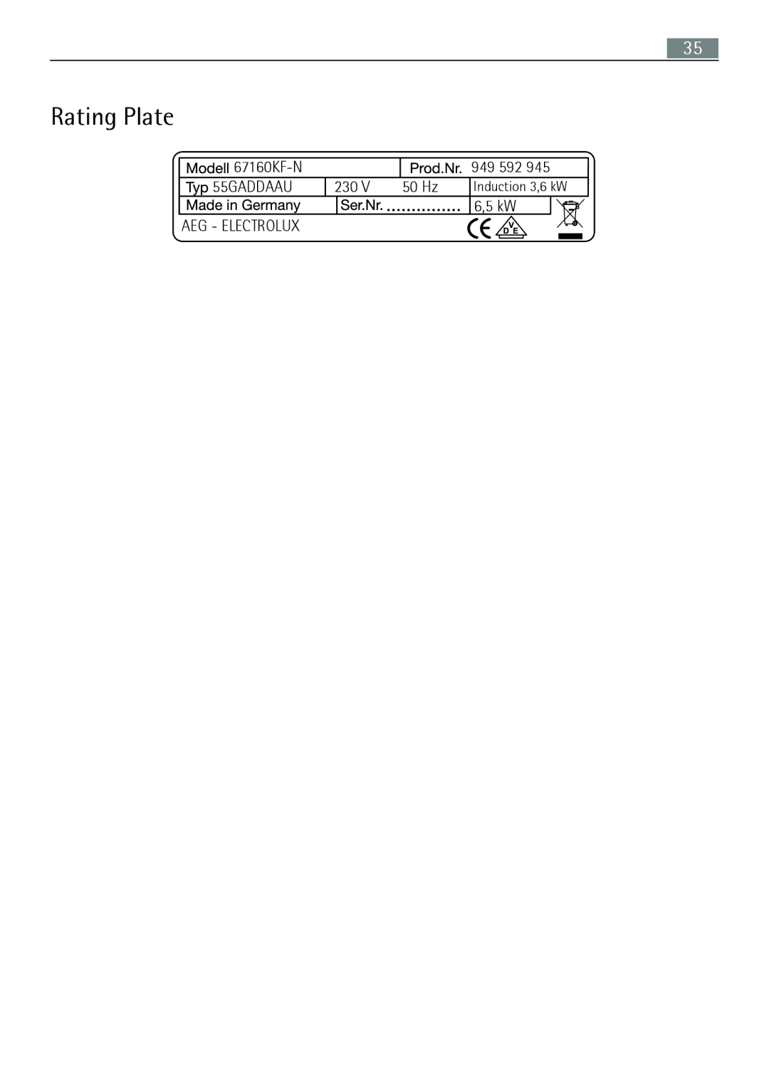 Electrolux 67160 KF-N user manual Rating Plate 