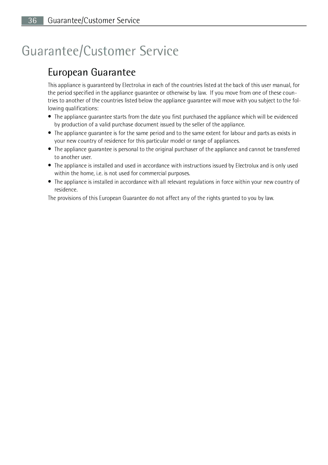 Electrolux 67160 KF-N user manual Guarantee/Customer Service, European Guarantee 