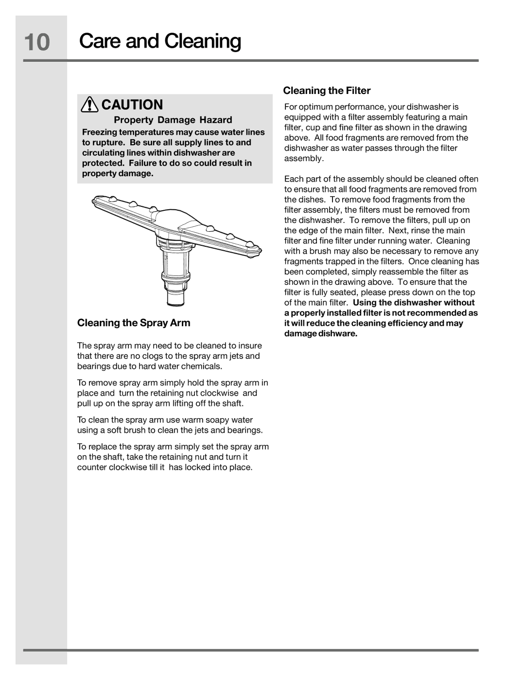 Electrolux 6.75E+11, 2001/05 manual Care and Cleaning, Cleaning the Spray Arm, Cleaning the Filter 