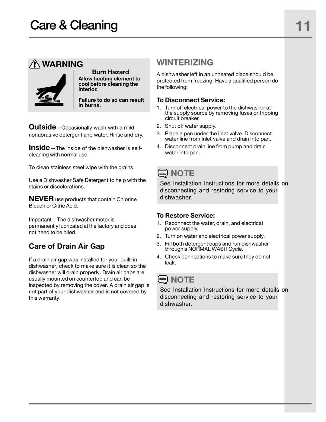 Electrolux 2001/05, 6.75E+11 manual Care & Cleaning, Winterizing, Care of Drain Air Gap 