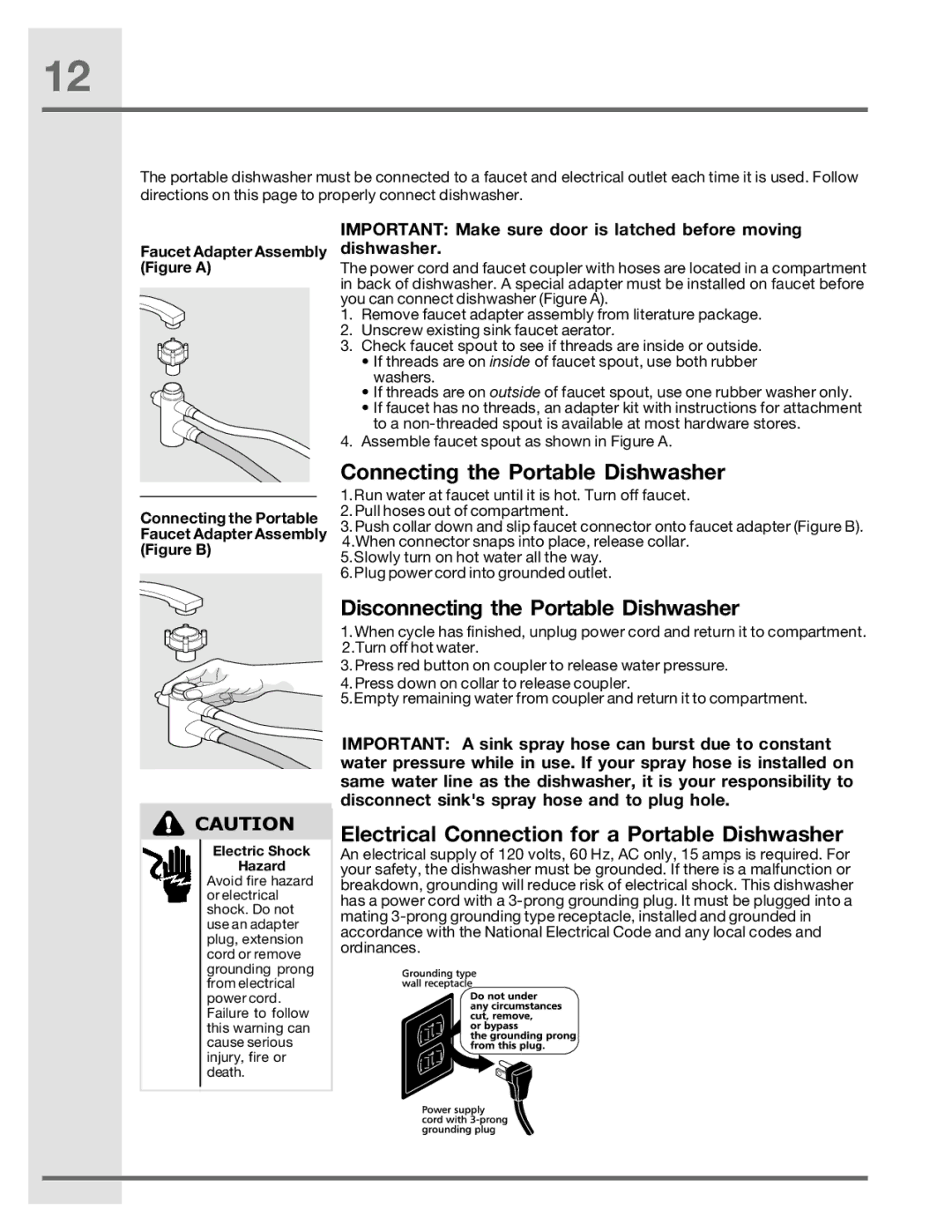 Electrolux 6.75E+11, 2001/05 manual Connecting the Portable Dishwasher, Disconnecting the Portable Dishwasher 