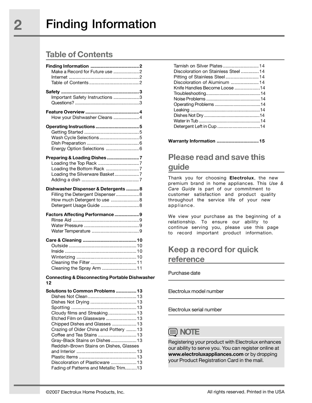 Electrolux 6.75E+11, 2001/05 manual Finding Information, Table of Contents 