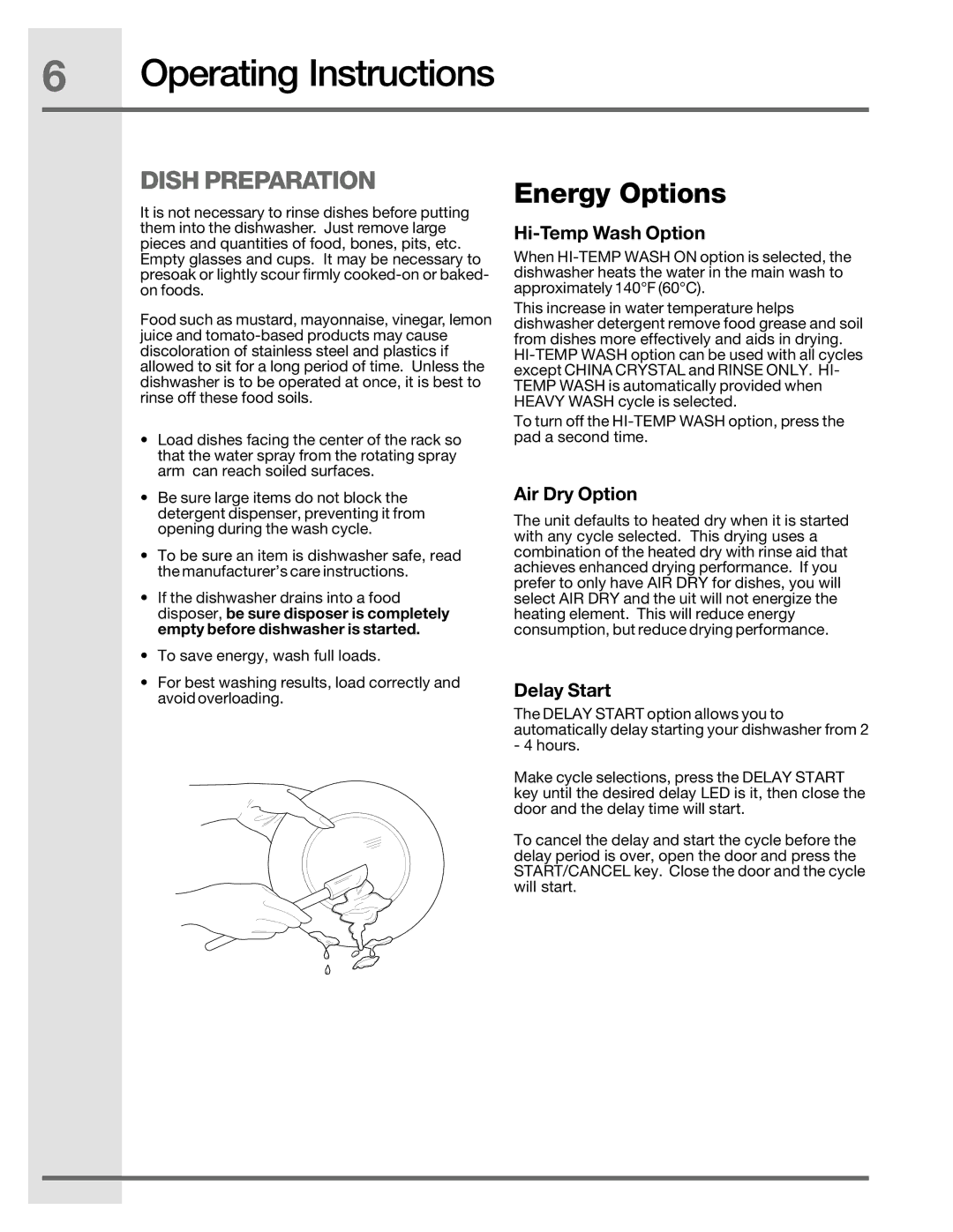 Electrolux 6.75E+11, 2001/05 manual Dish Preparation, Hi-Temp Wash Option, Air Dry Option, Delay Start 