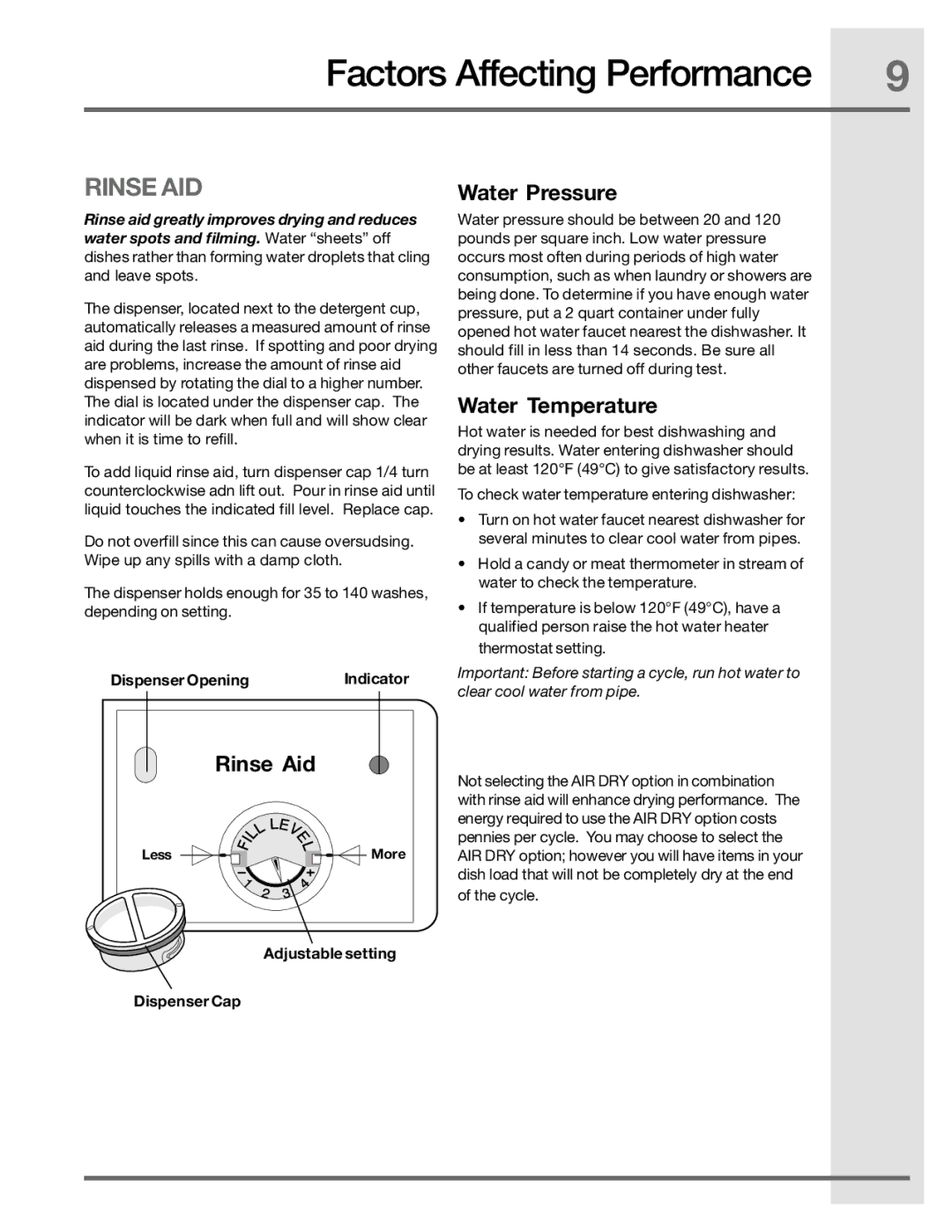 Electrolux 2001/05, 6.75E+11 manual Factors Affecting Performance, Rinse AID, Rinse Aid, Water Pressure, Water Temperature 