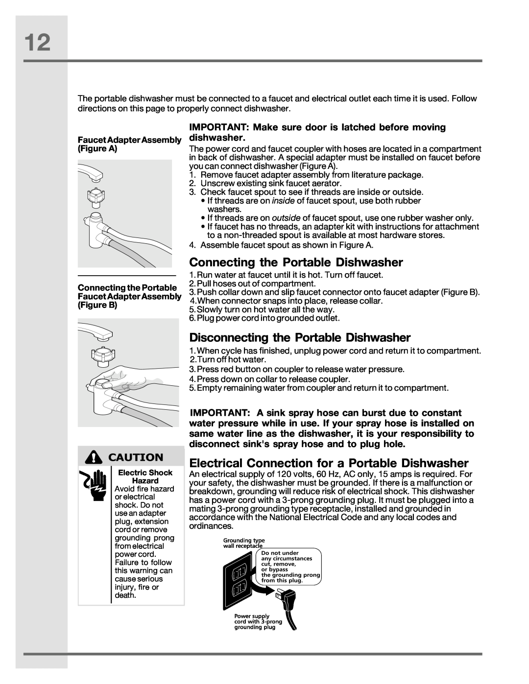 Electrolux 6.75E+11, 2001/05 manual Connecting the Portable Dishwasher, Disconnecting the Portable Dishwasher 