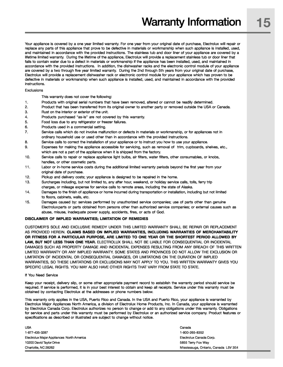 Electrolux 2001/05, 6.75E+11 manual Warranty Information, Disclaimer Of Implied Warranties Limitation Of Remedies 