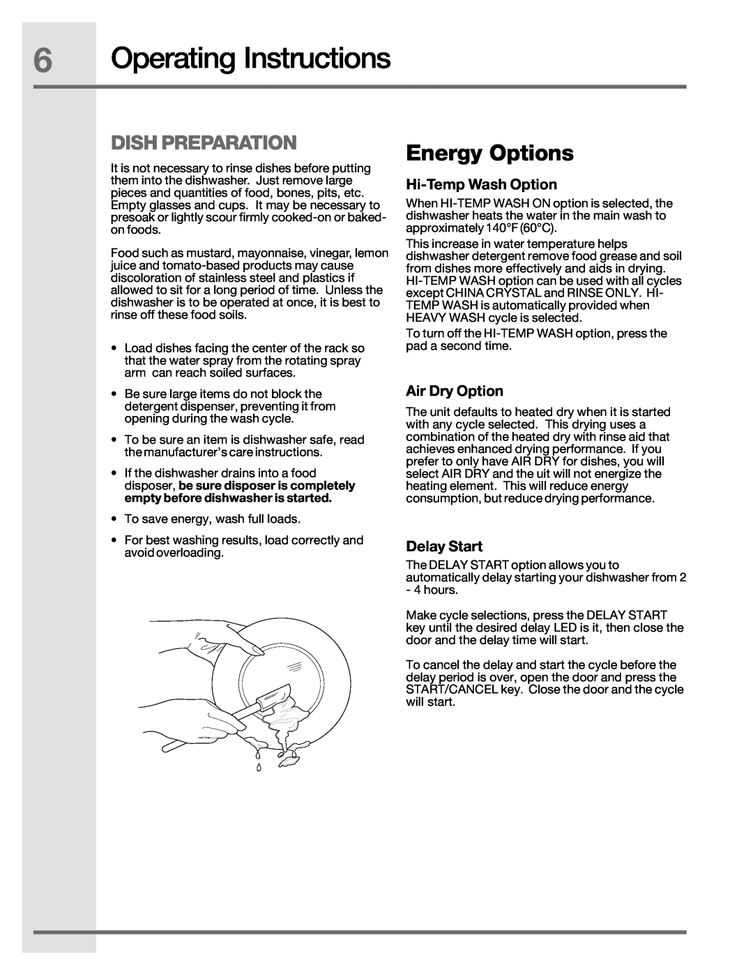 Electrolux 6.75E+11, 2001/05 manual Operating Instructions, Dish Preparation, Energy Options 