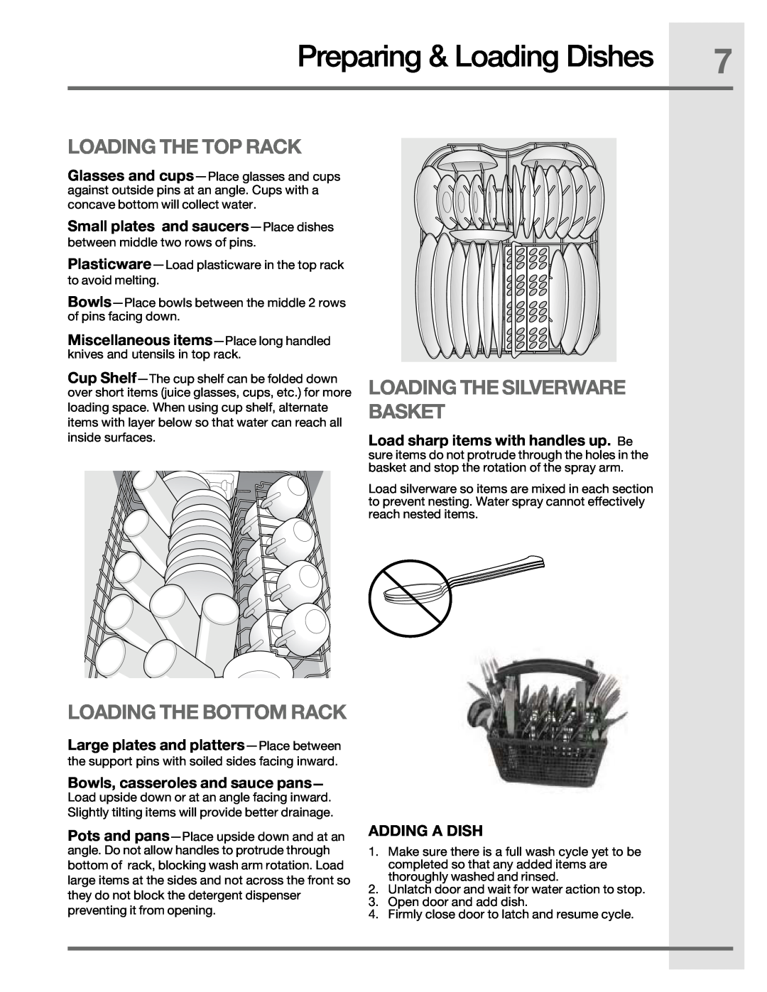 Electrolux 2001/05, 6.75E+11 manual Preparing & Loading Dishes, Loading The Top Rack, Loading The Bottom Rack 