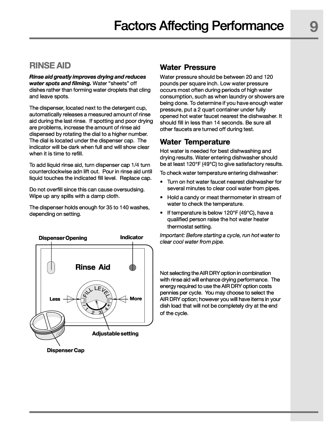 Electrolux 2001/05 manual Factors Affecting Performance, Rinse Aid, Water Pressure, Water Temperature, Dispenser Opening 
