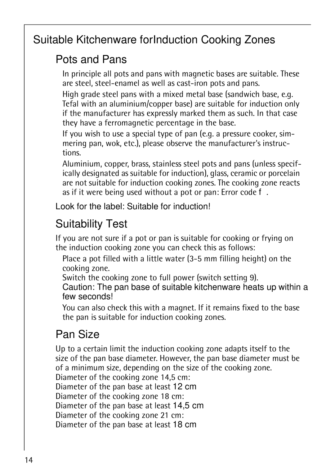 Electrolux 68000KF-BN operating instructions Suitability Test, Pan Size, Look for the label Suitable for induction 