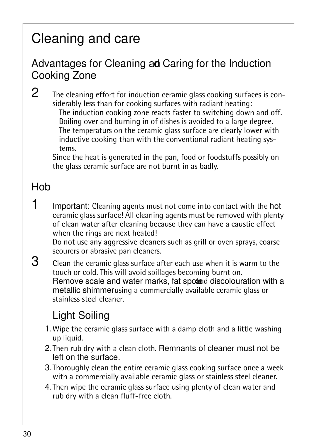 Electrolux 68000KF-BN operating instructions Cleaning and care, Hob, Light Soiling 