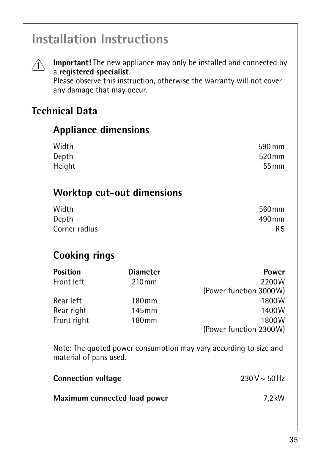 Electrolux 68000KF-BN operating instructions Technical Data Appliance dimensions, Worktop cut-out dimensions, Cooking rings 