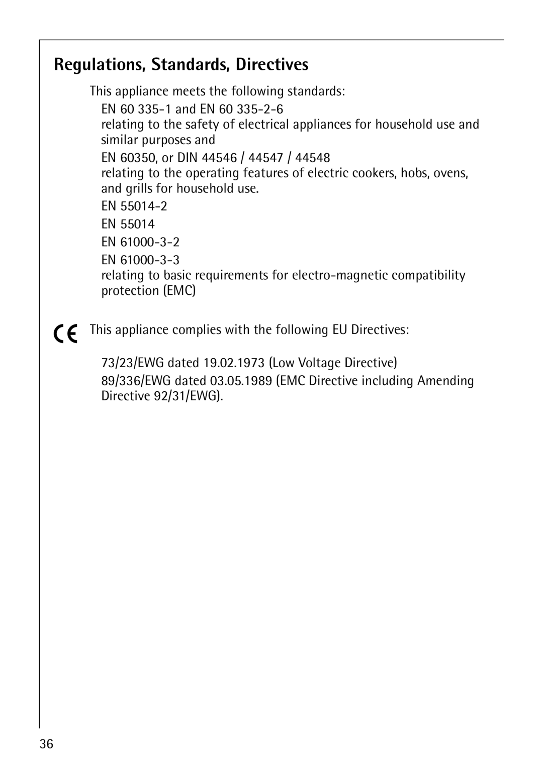 Electrolux 68000KF-BN operating instructions Regulations, Standards, Directives 