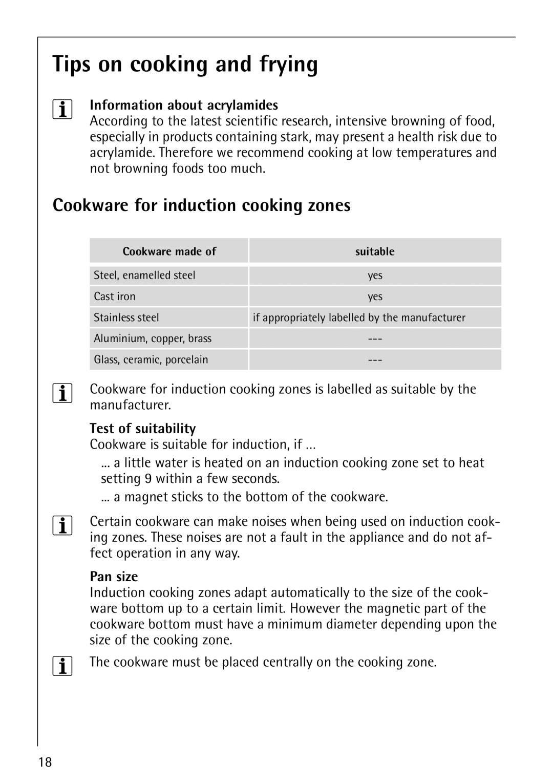 Electrolux 68001KF-N Tips on cooking and frying, Cookware for induction cooking zones, Information about acrylamides 