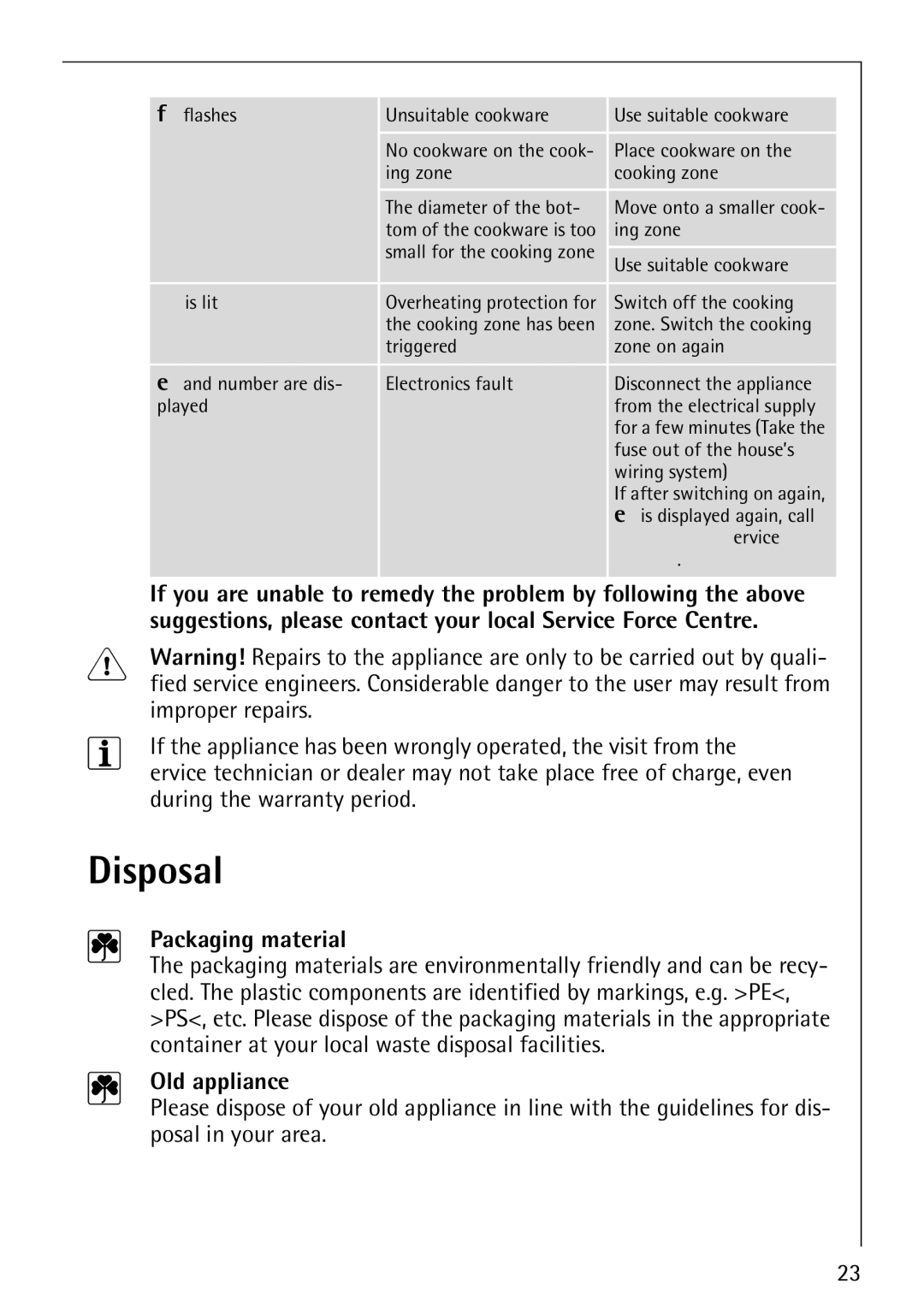 Electrolux 68001KF-N operating instructions Disposal, Packaging material, Old appliance 