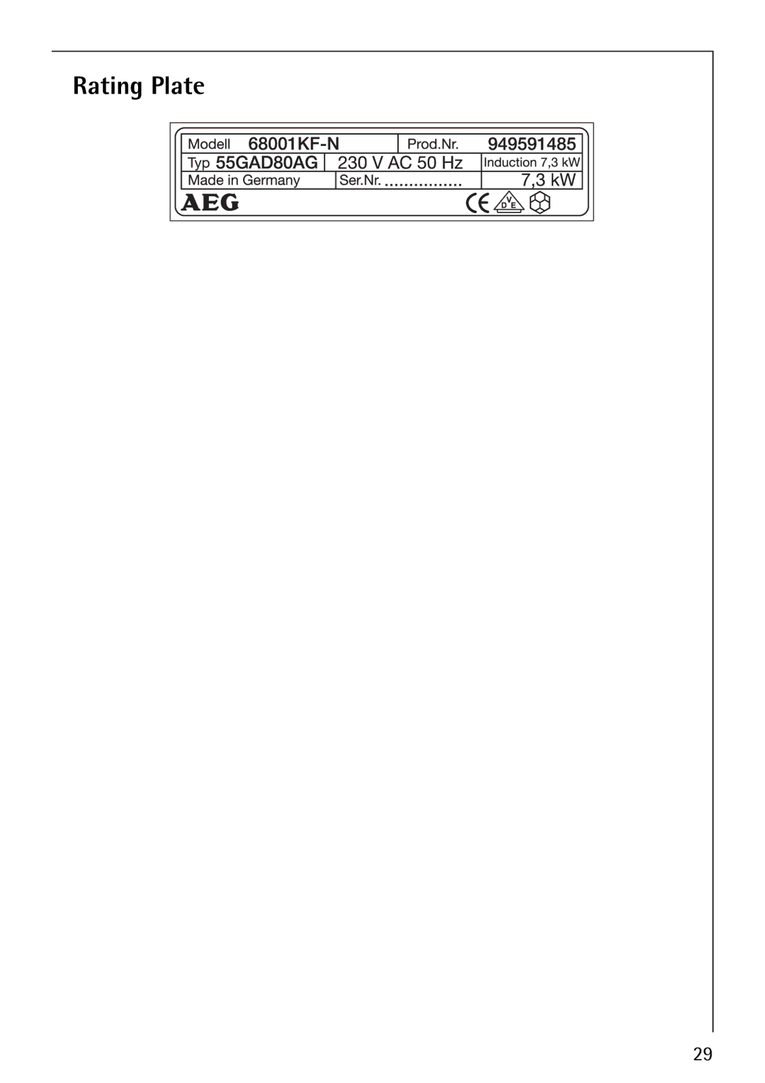 Electrolux 68001KF-N operating instructions Rating Plate 